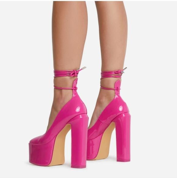 PINK LACE UP PLATFORM BLOCK HEEL - Picture 3 of 3